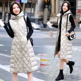 Waistcoats Women's Casual Long Down Cotton Vest Winter Warm Waistcoat New Fashion Windproof Hooded Parka Female Overcoat Chaleco Mujer 4XL