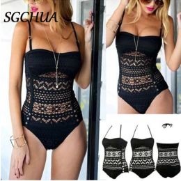 Swimwear Sexy Backless One Piece Bikini Swimsuit Hollow Out Bosyduit Solid Black Mesh Slimming Bathing Suit Halter Push Up Bathing Suit