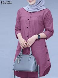 Tops ZANZEA Elegant Abaya Muslim Blouse Woman Long Sleeve ONeck Tops Casual Holiday Baggy Shirt Fashion Solid Islamic Clothing 2024