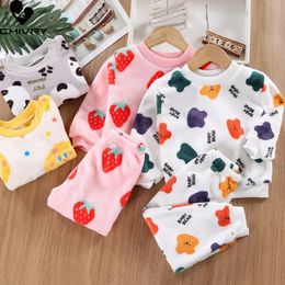 Autumn Winter Kids Thick Warm Flannel Pyjama Sets Baby Boys Girls Cartoon Long Sleeve O-neck Clothing Sets Sleepwear Pyjamas 240304