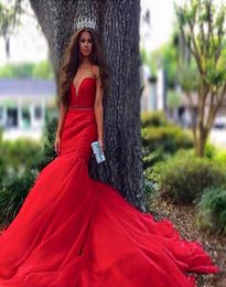Special Occasion Beaded Waist Formal Dress Fit and Flare Mermaid Prom Dresses Sweetheart Ruched Organza Evening Party Gowns with T5022638