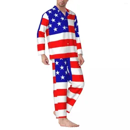 Men's Sleepwear American Flag Pyjamas Men Patriotic White Stars Print Cute Home Autumn 2 Piece Casual Oversize Custom Pyjama Set