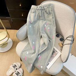 Women's Jeans Arrival 2024 Spring Korea Fashion Women High Waist Loose Straight Painting Process Casual Cotton Denim Pants P597