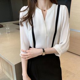 Women's Blouses V-Neck White Blouse Button Up Lolita Shirt Women Elegant 3/4 Sleeve Chiffon Summer Fashion Tops Spring Kawaii Korean Clothes