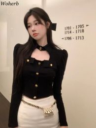 Cardigans Woherb Sexy Puff Sleeve Y2k Knitted Cardigan Aesthetic Turn Down Collar Women Top 2024 Autumn Mini Single Breasted Solid Jumpers