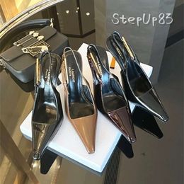lady Prom dress dance even Designer heel Luxury high shoe LEE mirrored leather slingback pump Womens black brown white prad Brushed triangle heighten Shoes