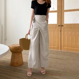 Capris 2023 Spring Summer Cotton linen Pants Women Casual High Waist Lace Up Fashion Office Ladies Elegant Black Wide Leg Trousers New