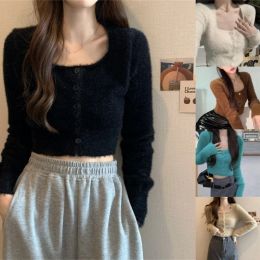 Cardigans Women Knit Sweater Crop Top Long Sleeve Square Neck Button Down Furry Cardigan