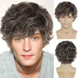 Hair Wigs Synthetic Natural Short Haircut Perm Curly for Men Brown Mix White Wig with Bangs Gift Father Old Man 240306