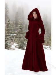 Blends Mediaeval Vintage Steampunk Floor Length Hooded Coat Women Winter Warm Fur Trim Maxi Gothic Witch Party Costume Outwear Retro