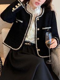 Zoki Sweet Vintage Tweed Jacket Women Elegant French Cropped Coat Casual Long Sleeve Simple All Match Retro Female Outwear Tops 240301