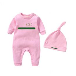 Rompers In Stock 100%Cotton Newborn Kids Rompers Hat Baby Boys Girls Fashion Designer Print Long Sleeve Jumpsuit 2 Piece Set With Box Dhkjq