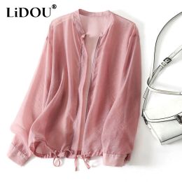 Jackets 2023 Summer New Solid Color Sheer Sunscreen Clothing Women Round Neck Long Sleeve Zipper Cardigan Korean Style Allmatch Tops