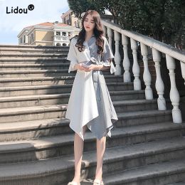 Dress Women New Korean Asymmetrical Elegant Patchwork Dress Belt Fashion Solid Colour Allmatch Vneck Young Style Simplicity Clothing