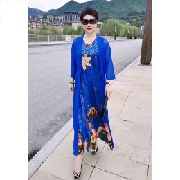 Dress 2023 Summer Clothes New Allinone Imitation Silk Blend Dress TwoPiece Set New Loose and Thin Suit Printed Skirt Commuting X666