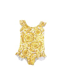 2024 summer Little Girls falbala fly sleeve one-piece Swimsuit kids designer letter printed Swimwear children SPA beach swimming S1150