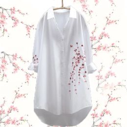 Shirt Cotton Embroidery Women Loose Long White Shirts Spring Autumn NEW Casual Ladies Blouse Female Tops Oversize