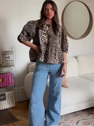 Women's Blouses Fashion Leopard Shirts For Women 2024 Spring Loose Puff Sleeve Blouse Female Elegant Lace Up Chic Cropped Top Ruffled