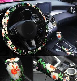 Steering Wheel Covers 3PCS Set Unique Flower Auto Car Cover Handbrake Sleeve Gearshift Interior Accessories5211949
