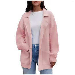 Women's Knits Long Sleeve Open Front Knit Cardigan Sweaters 2024 White Khaki Pink Blue Black Lapel Oversized Slouchy Coat With Pockets