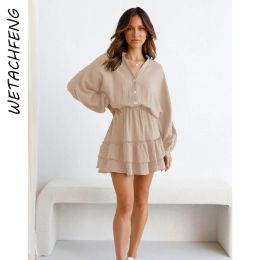 Dress Solid Bohemian Elegant Short Dress Women Autumn Croset Long Lantern Sleeve Button Ruffles Mini Shirts Dress 2022 Female Clothes