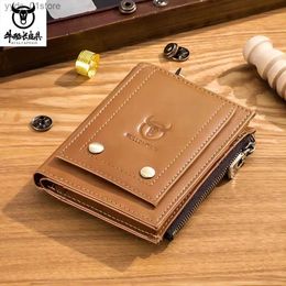 Money Clips Mens top-level leather wallet upright retro drivers license ID bag multifunctional wallet multi card zipper zero wallet L240306