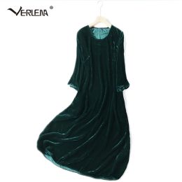 Dress Pocket Sheen 100% Silk Made Pleuche Black Autumn Winter Dresses for Women Three Quater Sleeve ONeck Mid Calf Casual Loose Dress