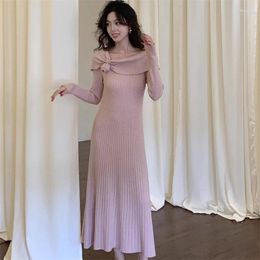 Casual Dresses French Elegant Off Shoulder Knitted Dress Women Long-sleeved Slim Sweater Party Vestidos Fall Temperament Bottoming J019