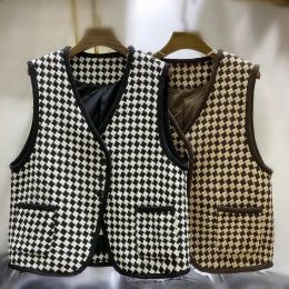 Waistcoats Retro Houndstooth Xiaoxiangfeng Vest Women's Autumn Winter New Plaid Spliced Sleeveless Button Pocket Fashion Standard Coat Tops