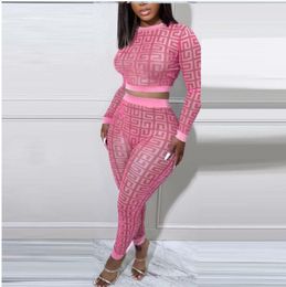 Summer women's casual midriff-baring tracksuit set two pieces set sexy and fashionable printed long sleeves pink Colour t-shirt trouers pants set