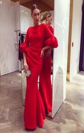 Elegant Red Mermaid Evening Dresses 12 Puffy Sleeves Jewel Neck Prom Dresses Zipper Red Carpet Formal Dresses Party Gowns Vestido5173498