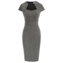 Dresses Gk Women Vintage Tweed Dress Cap Sleeve Defined Waist Hipswrapped Dress Centre Back Slit Design at the Base of Hemline