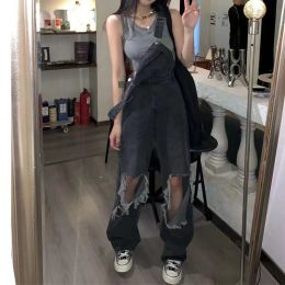 Jeans High Waisted Jeans Woman High Street Vintage Sense Girl Wind Street Ripped Denim Suspenders Jean Bell Bottom Pants Streetwear