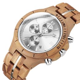 Luxury Men's Wood Watches Multi-function Wooden Wristwatch Fashion Sport Wood Strap Quartz Retro Watch Husband Gift297Z