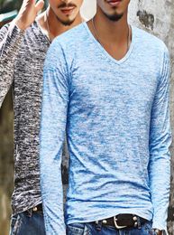 2019 Autumn Slim Streetwear V neck T Shirt Men Casual Fitness TopsTees Vintage Blue Long Sleeve Pullover shirt Homme Plus Size6292772