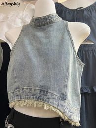 Vests Women's Bleached Women Cropped Irregular Tassel Design Vintage Denim Summer Chic O-Neck Sweet Sexy Distressed Haruku Hollow Out