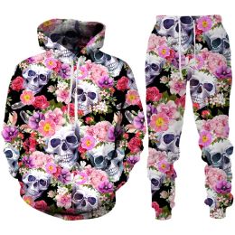 Suits Skull Floral Print Hoodie/Pants/Set Men Women Casual Tracksuit Fashion Couple Streetwear 2 Pcs Outfits Gothic Jogger Sports Suit