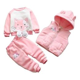 Children039s Clothing Boy Girl Baby Autumn And Winter Plus Velvet Thickening Hooded Cartoon cat ThreePiece Suit 04Y 2108042302722