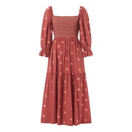 Dress Women Boho Flowy Hem Long Dress Autumn Casual Puff Long Sleeve Square Neck Embroidery Flower Loose Swing Dress ALine Vestidos