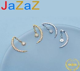 Korean 100 925 Sterling Silver Star Moon Stud Earrings For Women Gold Inlaid Crystal Zirconia Crescent9427063