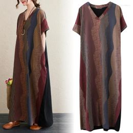 Party Dresses Elegant Women Vintage Stripe Loose Linen Dress Summer Plus Size Short Sleeve Robe Kaftan Casual V-neck Beach Boho Long