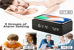 Digital Alarm Clock with Qi Wireless Charging Pad Wooden Led Night Clocks Control Function 3 Settings 4 Colors9452552