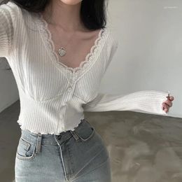 Women's Sweaters Jersey Sueter Tops Pullover V-neck Lace Edge Waist Knitted Y2k Clothes Grey 2024 Shirts For Women Grunge Sweet Crop Sweater