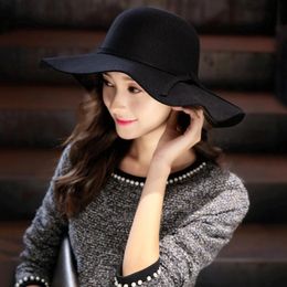 Soft Wool Women Hat Vintage Wide Brim Dom Hats Bowknot Ladies Floppy Felt Fedora Cap Stingy286F