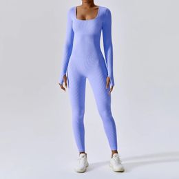 Seamless Yoga Suit Women Bodysuit Spring Dance Fitness Clothes Gym Push Up Workout Bodysuit Tight Long-Sleeved Rib Athletic Wear 240226