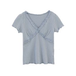 Liuke Texture Elastic Casual T-shirt for Women's Early Spring New Spliced Lace Lace Design Top Trendy 40323