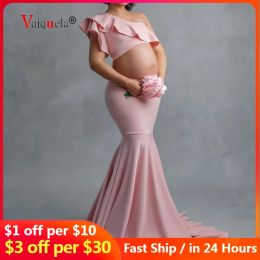 Pillows Maternity Mermaid Tail Skirt Set for Photography One Shoulder Ruffles Crop Top Pregnancy Photography Props Trumpet Skirt Set D30