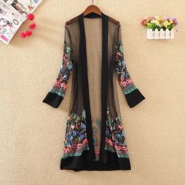 Blouse Long Shirt Women Kimono Plage Mujer Boho Floral Embroidery Chiffon Mesh Blouse Cardigan Clothing Roupas Feminina