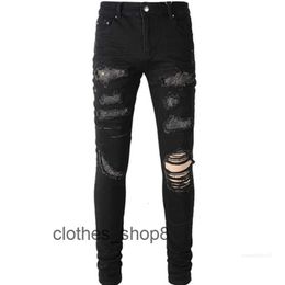 Denim Amirs Jeans Designer Pants Man Fall Season Trendy Worn-out Wash Black Hot Drill Patch Stretch Slim Amr Leg MXJH