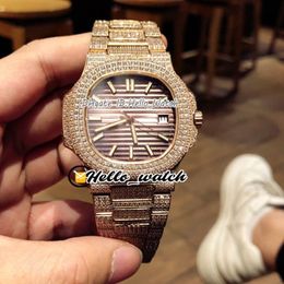 New 5711 5711 1A Brown Texture Dial Miyota Automatic Mens Watch Rose Gold Fully Iced Out Diamond Bracelet Sport Watches HWPP Hello264L